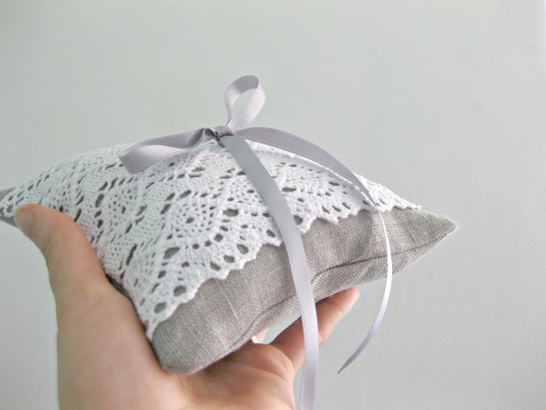 Grey Rustic Chic Wedding Ring Cushion With Large White Lace - Etsy