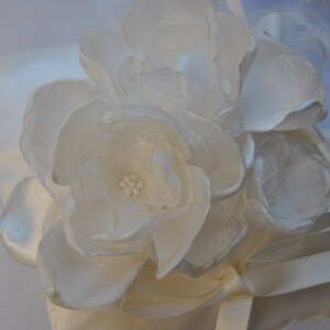 white wedding ring cushion with romantic handmade flowers in satin and organza image 4