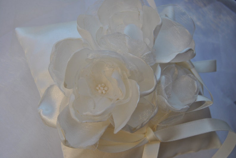 white wedding ring cushion with romantic handmade flowers in satin and organza image 4