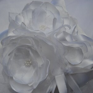 white wedding ring cushion with romantic handmade flowers in satin and organza image 2
