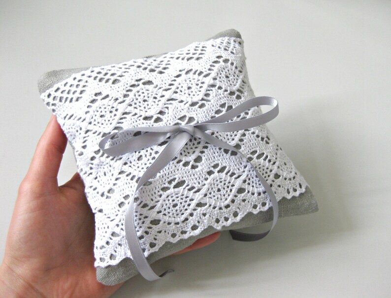 Grey Rustic Chic Wedding Ring Cushion With Large White Lace - Etsy