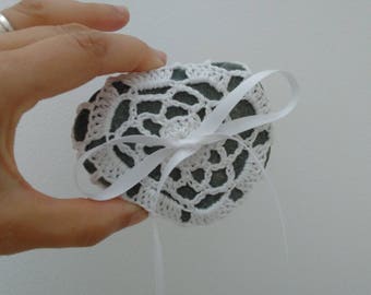 Crochet pebble wedding ring bearer heart shaped Italian stone for wedding with sea theme ooak