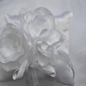 white wedding ring cushion with romantic handmade flowers in satin and organza image 3
