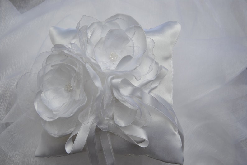white wedding ring cushion with romantic handmade flowers in satin and organza image 3