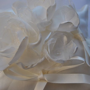white wedding ring cushion with romantic handmade flowers in satin and organza image 5