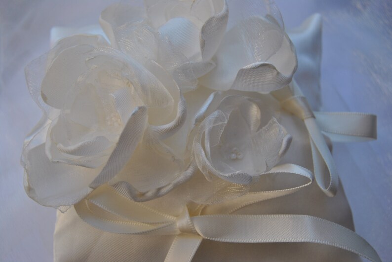 white wedding ring cushion with romantic handmade flowers in satin and organza image 5