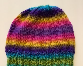 Hand-knit beanie hat, teen hat, adult hat, easy care, stripes