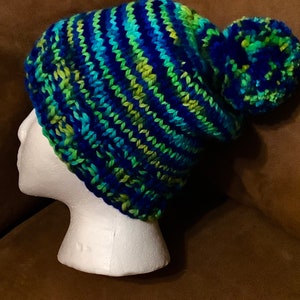 Hand-knit slouchy beanie hat with pompom, adult hat, teen hat