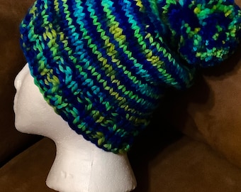 Hand-knit slouchy beanie hat with pompom, adult hat, teen hat