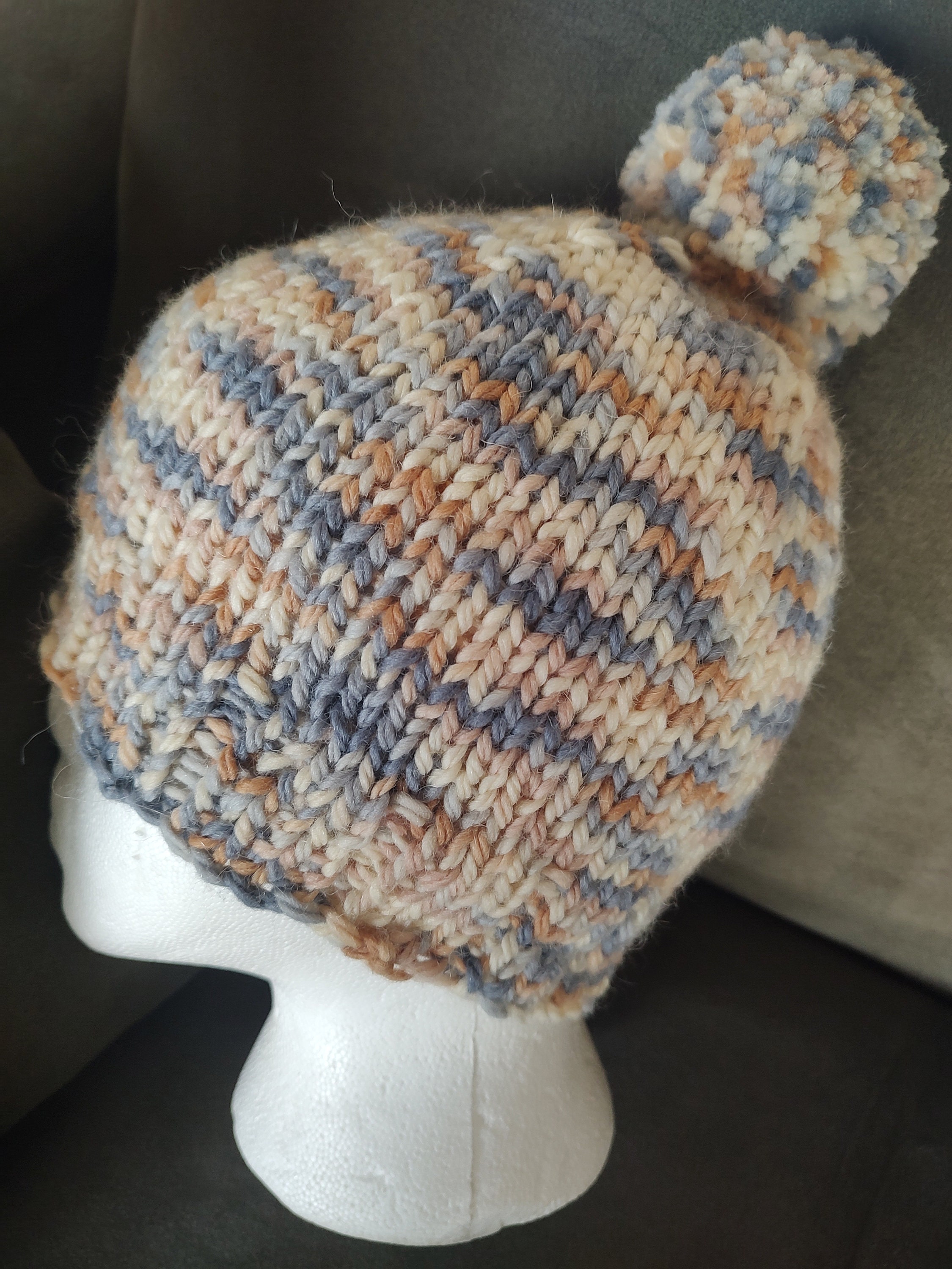 Hand-knit slouchy beanie hat with pompom, adult hat, teen hat