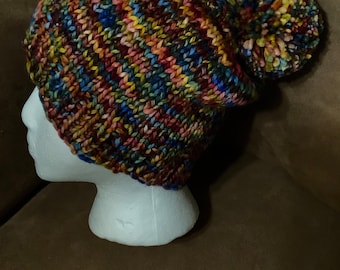 Hand-knit slouchy beanie hat with pompom, adult hat, teen hat