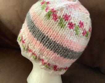 Hand-knit beanie hat, adult hat, teen hat, easy care, stripes