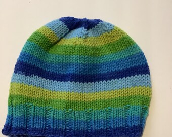 Hand-knit beanie hat, teen hat, adult hat, easy care, stripes
