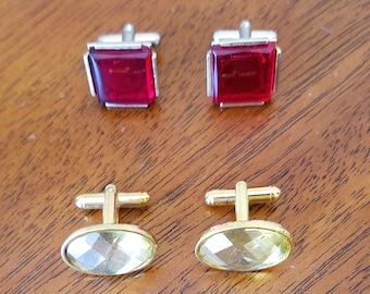 Vintage Glass Cufflinks - Square Red Glass links plus Oval Yellow links