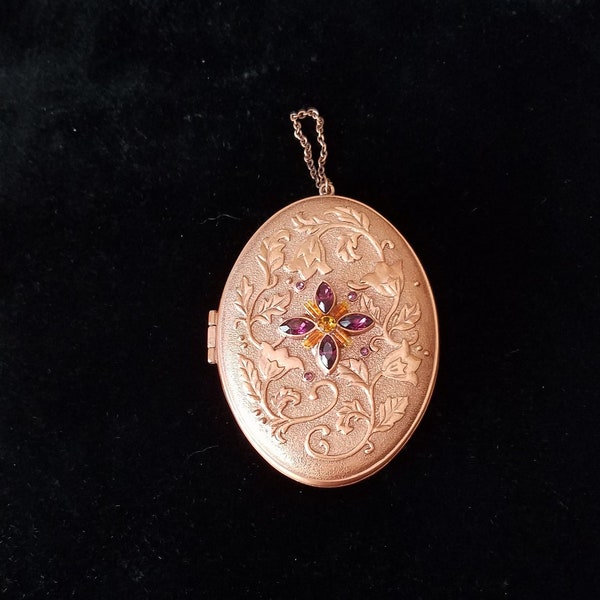 Engraved Copper Locket Box, Faceted Amethyst Stones front & back, small Copper Chain at top, WWII style sales Photos inside, solid 4.7 oz.