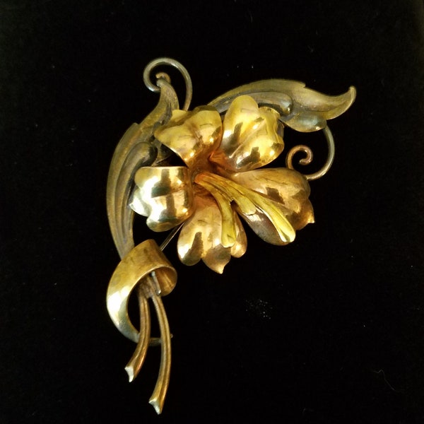 Vintage 12KGF Brooch - Antique Flower brooch features gold and dark silver tones; Marked 1/20 12KT GF