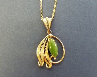 Jade Vermeil Necklace -  Handset Jade with Vermeil on Sorrento Silver Filigree Pendant & Loop with vintage gold tone chain