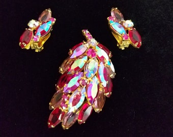 Aurora Borealis Brooch Earrings Set; Vintage Dome Pin with Red, Pink, and Borealis hand set Stones and Clip-on matching Earrings