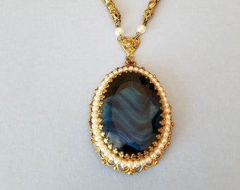 Blue Porphyry Necklace -Rare Faceted Blue Cabochon w/white swirls; Handset on Gold wash Filigree w/Pearls, Heart & Etched Barrel Links
