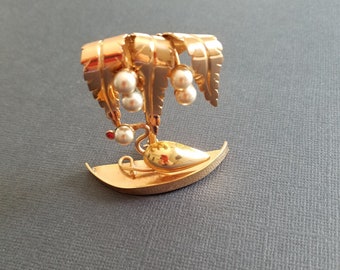 Palm Tree Brooch - Unique Vintage piece with Tree and Swan on Platform Base highlighted with Pearls and a Garnet