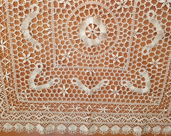 Needlework Tatted Tablecloth - Vintage Tablecloth with multiple Patterns, an Intricate Centerpiece and Unique Borders;