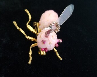 Vintage Bug Pin - RARE FIND - This 1970 Bug features, Pink Sequins, Rhinestones, tiny Beads, plastic Wings & 3 sets of Legs
