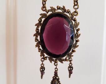 Antique Amethyst color Faceted Glass Pendant with Tassels and adjustable Brass Link Chain