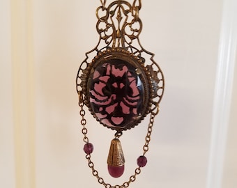 Antique Medallion Necklace - Amethyst tone Multi-faceted Glass Cabachon; Elaborate Copper/Gold Toned Filligree and Adjustible Chain