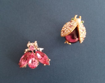 Vintage Bug Pins - Purple Jelly Belly Beetle  with Rhinestone Wings & a Fly with Pink Faceted Rhinestone Wings and Head