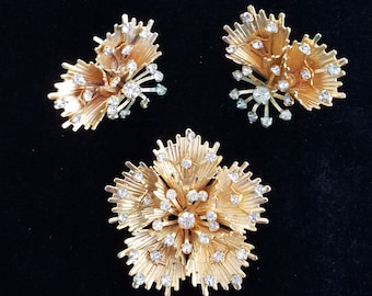 Brooch Earrings Set - Vintage EMJ Brooch and Clip-on Earrings; Gold tone Flower Cluster pieces with Scattered Rhinestones