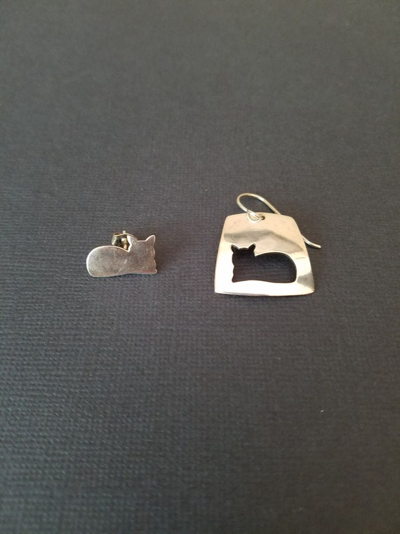 Silver Cat Earrings - Sterling Silver Pierced ear… - image 1