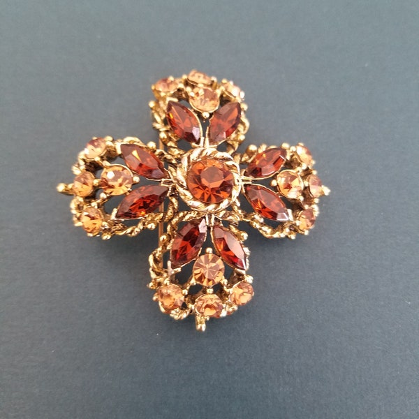 Weiss Cross Brooch -  Vintage signed piece with light and dark Brown Rhinestones on Gold tone Rope Frame