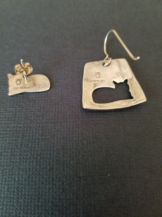 Silver Cat Earrings - Sterling Silver Pierced ear… - image 2