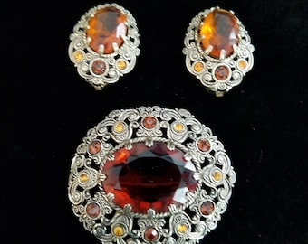 West Germany Vintage Jewelry Set - Faceted centerpiece hand set in Filigree dome frame; Clip on matching Earrings; Mark: M Germany