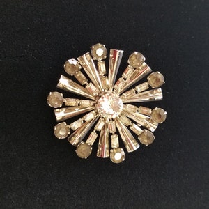Schreiner Style Brooch - Round Chrome Pin with Clear and Smokey Rhinestones with Chrome angle Spikes between each row of Rhinestones
