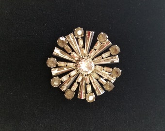 Schreiner Style Brooch - Round Chrome Pin with Clear and Smokey Rhinestones with Chrome angle Spikes between each row of Rhinestones