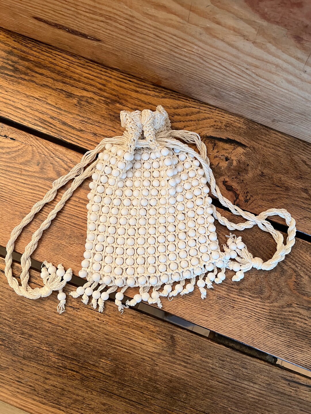 Vintage Ivory Macrame and Beaded Drawstring Purse/boho Macrame, Beaded ...