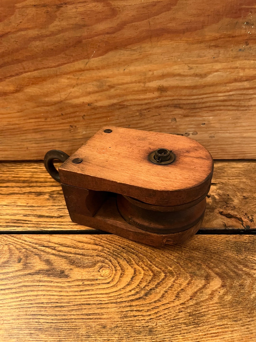Antique Wood Pulley Wheel With Iron Hanging Loop/vintage Etsy