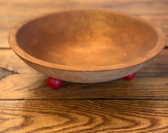 Bol de madera Munising vintage con patas de bola roja/Bol para masa Munising/Bol de madera Munising de mediados de siglo