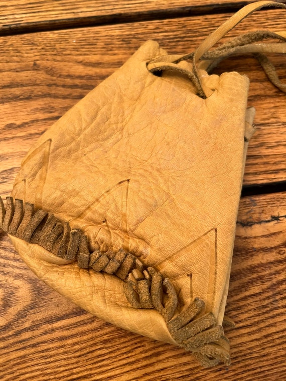 Vintage Tan Leather Fringe Pouch Purse/Vintage Le… - image 6