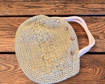 Vintage Ivory, Ecru Crochet Purse with Plastic Handles/Vintage Crochet Boho Purse Handbag/Retro Crochet Handle Purse