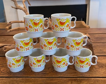 Japan Vintage Stackable Mugs with Pistol Grip Handles, Orange and Yellow Flowers/Retro Mod Coffee Mugs