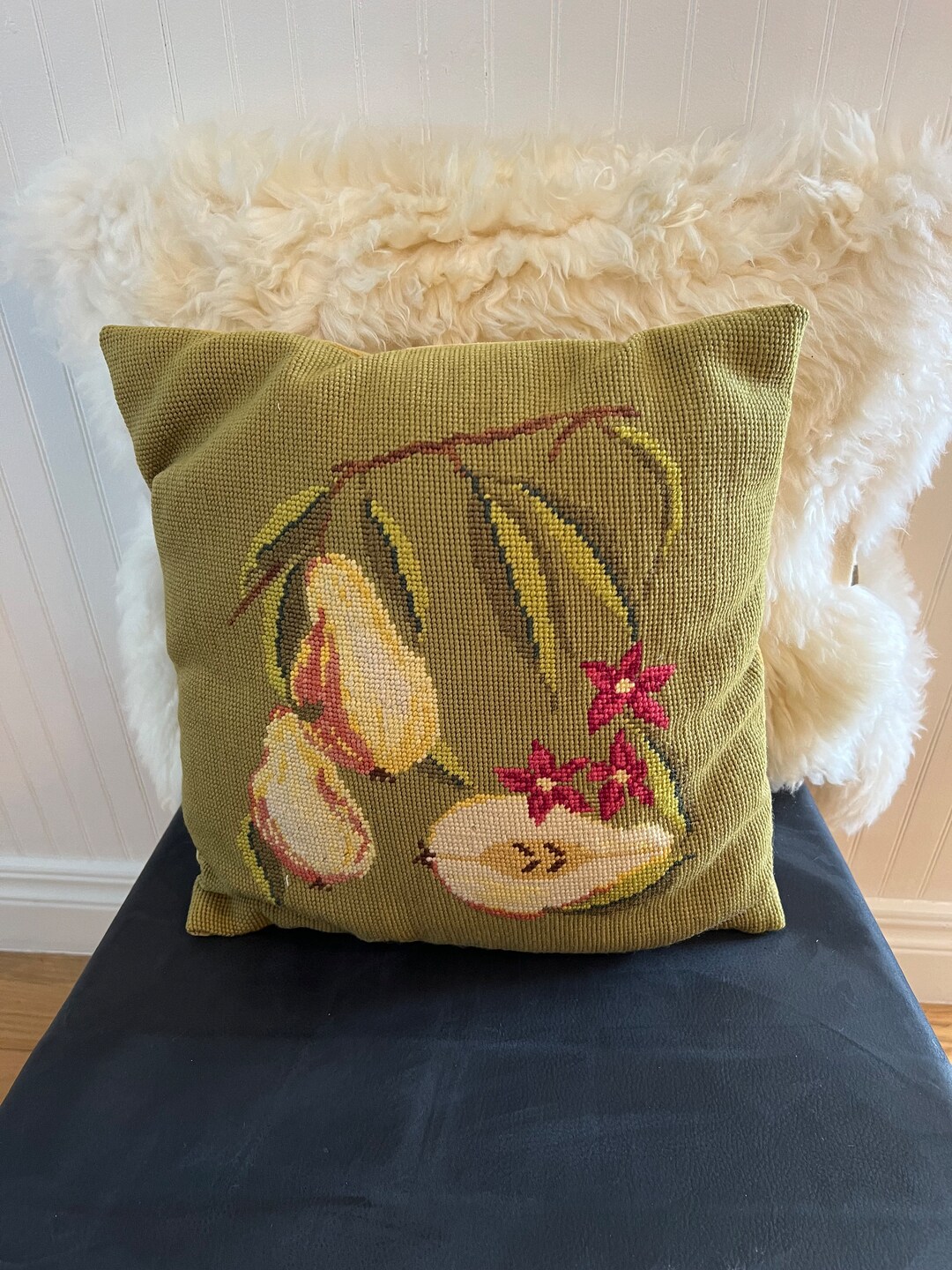 Vintage Needlepoint Fruit Pillow/needlepoint Pears Pillow/vintage Home Decor Etsy