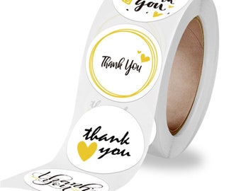 BULK Thank You stickers with Hearts, White & Gold, Black lettering,4 different designs,Full Roll of 500, 2.5 cm Round,ideal for your parcels