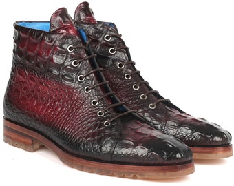 Paul Parkman Men's Bordeaux Croco Embossed Leather Boots (12811-BRD)