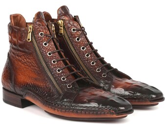 Paul Parkman Crocodile Textured Calfskin Handmade Zipper Boots (ID#88APK87)