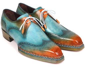 Paul Parkman Norwegian Welted Wingtip Derby Shoes Turquoise & Tobacco (ID#8506-TRQ)