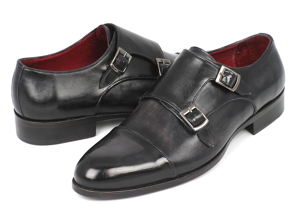 Paul Parkman Triple Leather Sole Hand-Welted Cap Toe Monkstraps Black - LX75MNK