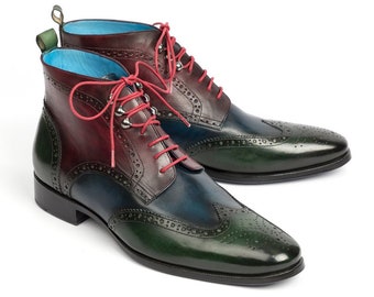 Paul Parkman Wingtip Ankle Boots Three Tone Green Blue Bordeaux (ID#777-GRN-BLU)