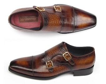 Paul Parkman Men's Brown Crocodile Embossed Calfskin Double Monkstrap (ID#045-APR-BRW)